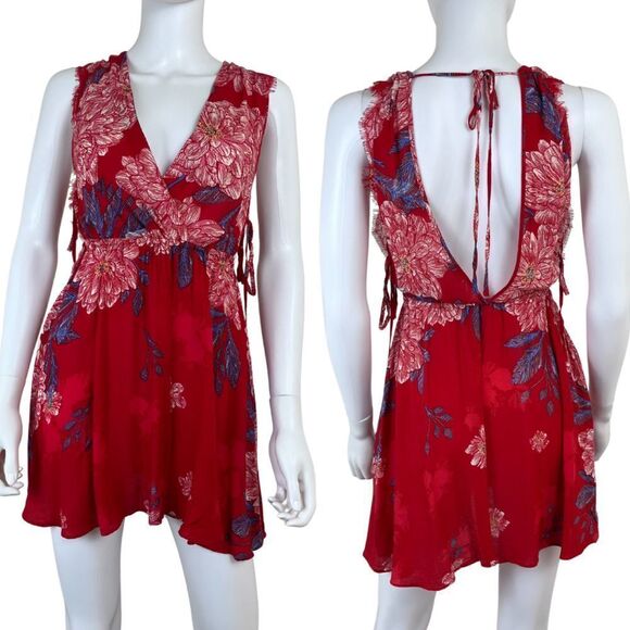 Free People Marnie Size XS Backless Slip Sheer Lace Trim Red Floral Mini Dress - Picture 1 of 15